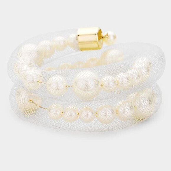 Women's Cream Pearl Bracelet Elegant Mesh‎ Tube Pearl Adjustable Bracelet - Picture 4 of 9